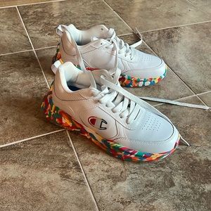 Almost new white Champion with Rainbow accent Sneakers!
